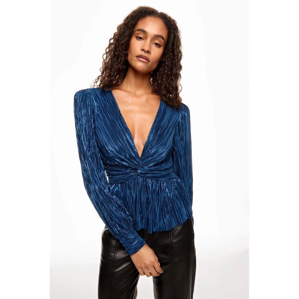 Sabina Musayev Blue Metallic Plisse Twisted Deep V-Neck Blouse Peplum Top Large